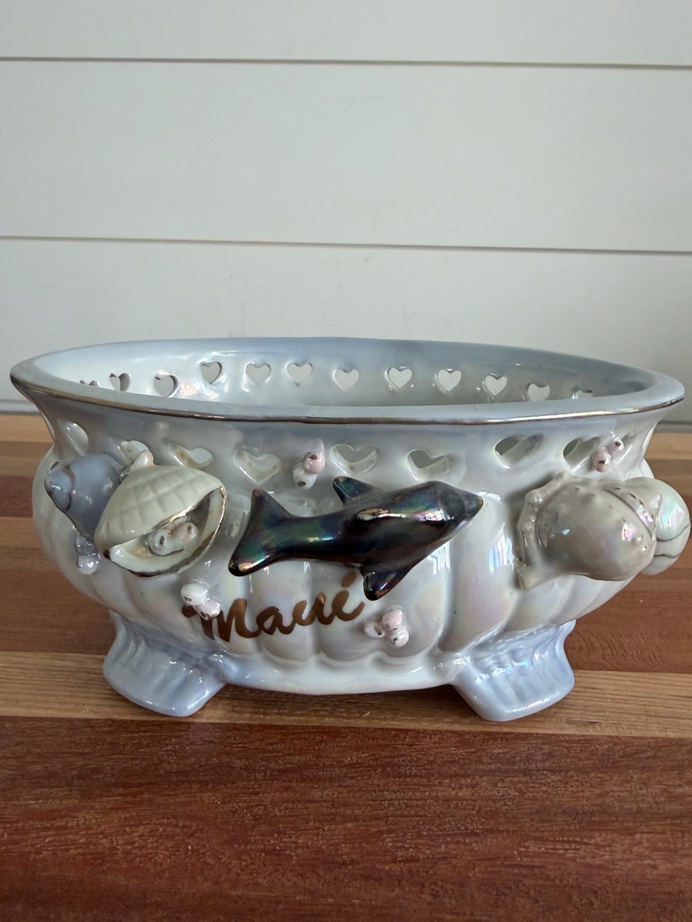 Vintage Iridescent Maui Footed Planter 3D Dolphin Shells